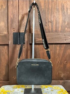 Michael Kors Black Suede Crossbody with Gold Hardware